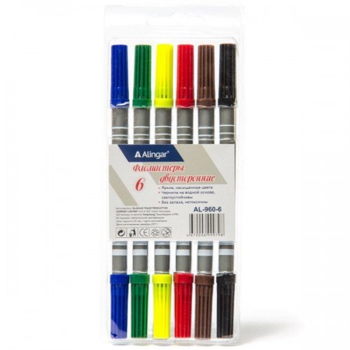 Фломастеры для рисования друхсторонние 6 цветов на водной основе Alingar 960-6
